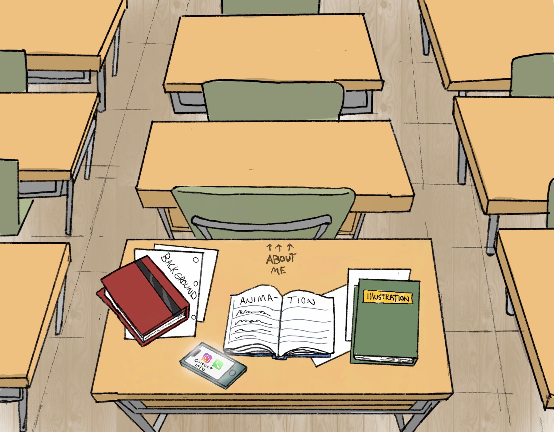 A school desk you click to explore the work: backgrounds, character design, animation, illustrations, about, and contact