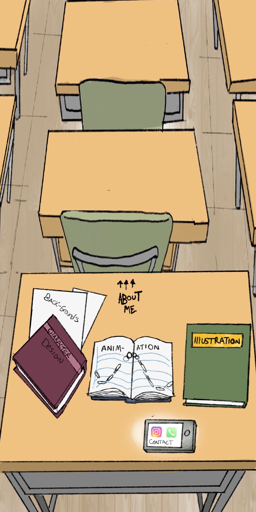 A school desk you click to explore the work: backgrounds, character design, animation, illustrations, about, and contact